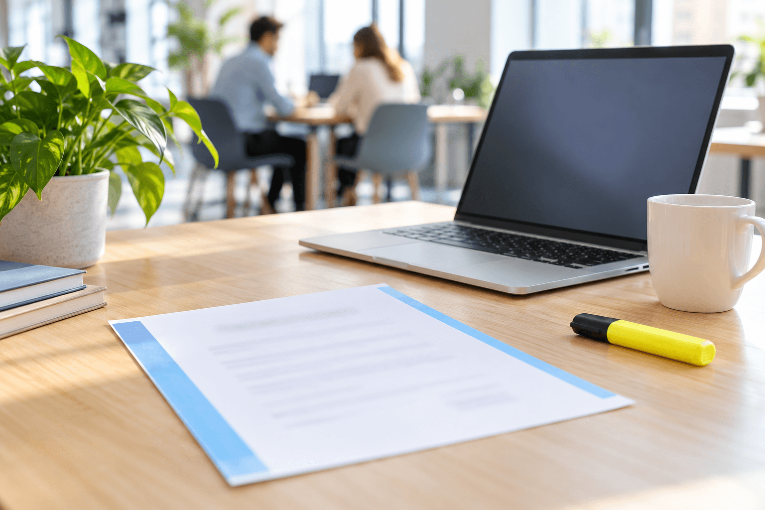 Teilnahmebescheinigung auf einem Schreibtisch neben Laptop, Kaffeebecher und gelbem Textmarker