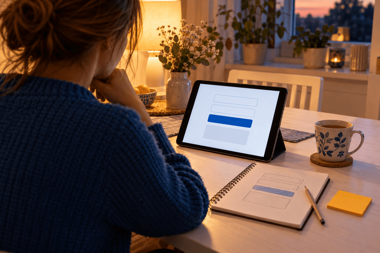 Eine Person sitzt abends am Küchentisch vor einem Tablet mit einer selbst gebauten Rechner-App