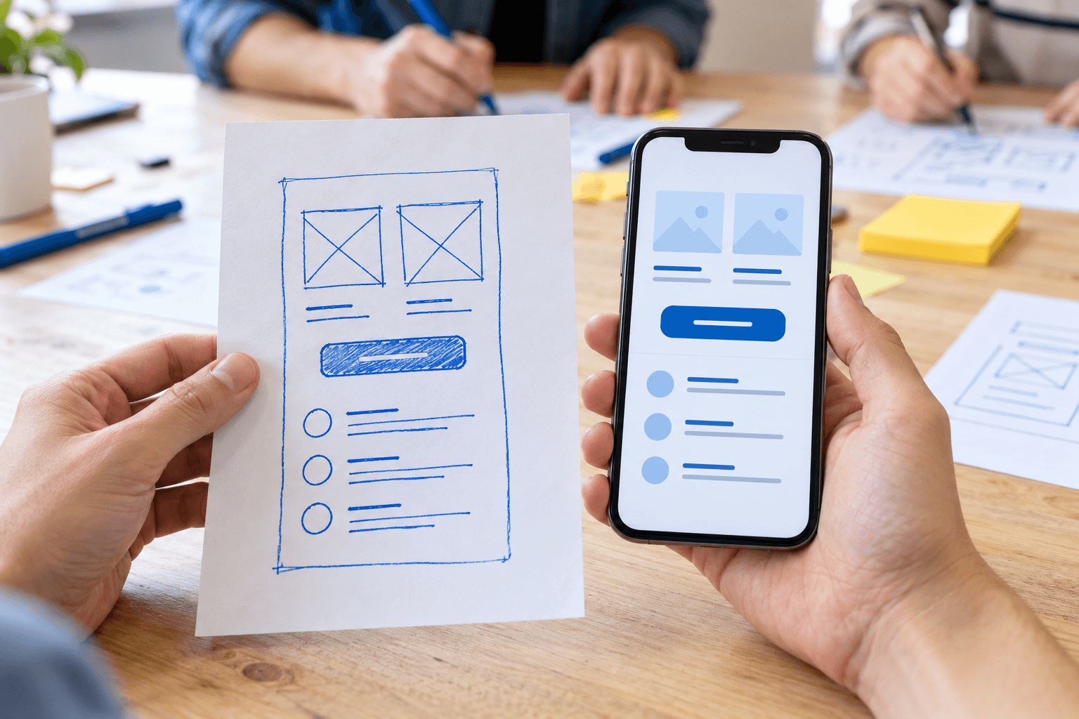 Eine Hand hält die Papierskizze einer kleinen App, die andere ein Smartphone mit genau dieser App, im Hintergrund skizzieren weitere Teilnehmende