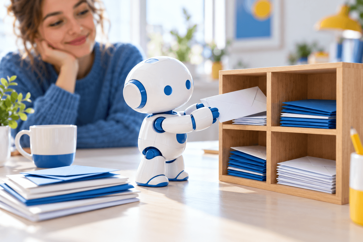 Ein kleiner weißer Roboter sortiert Briefumschläge in ein Holzregal, im Hintergrund lächelt eine Frau