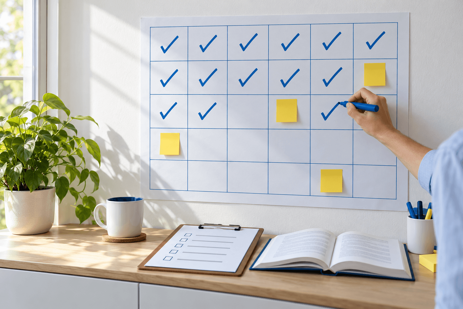 Wandkalender mit 30 Feldern, die ersten sind abgehakt, eine Hand setzt den nächsten Haken