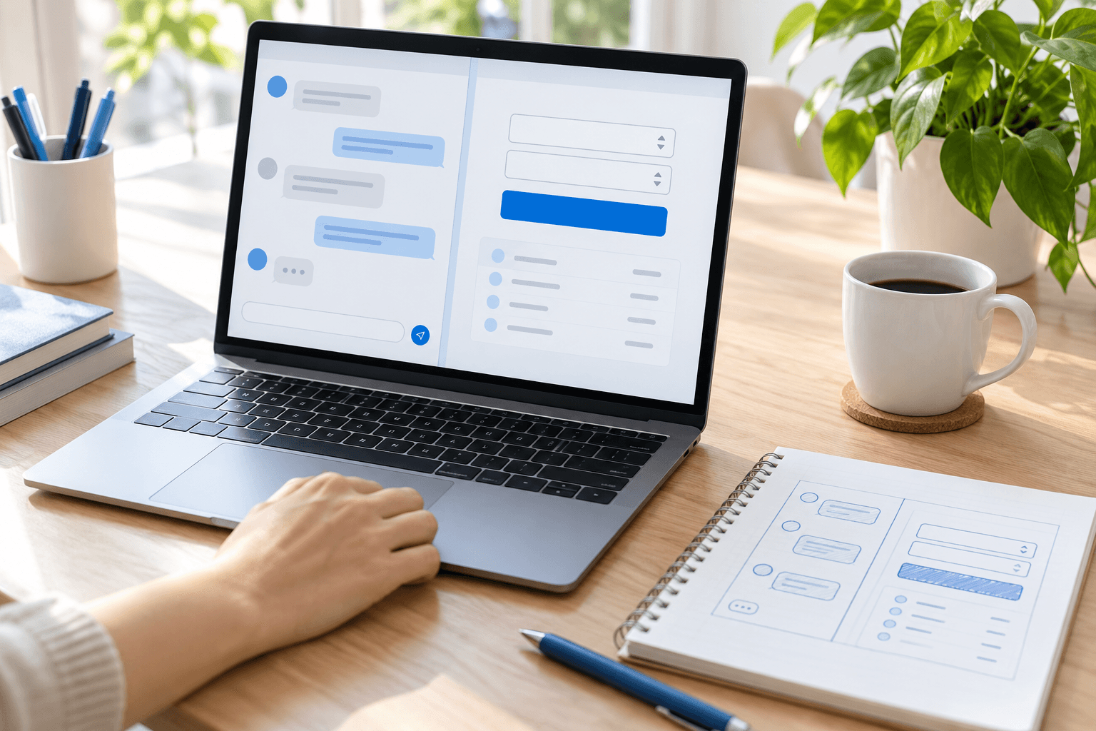 Laptop mit einem Chatfenster links und einer einfachen Rechner-App rechts, daneben ein Notizblock mit einer Skizze derselben App